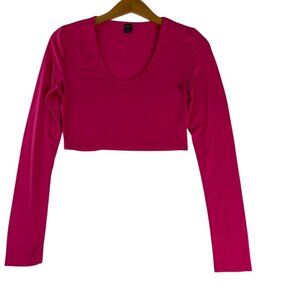 Pink Long Sleeve Crop Top Women’s Medium Stretchy Fitted Scoop Neck